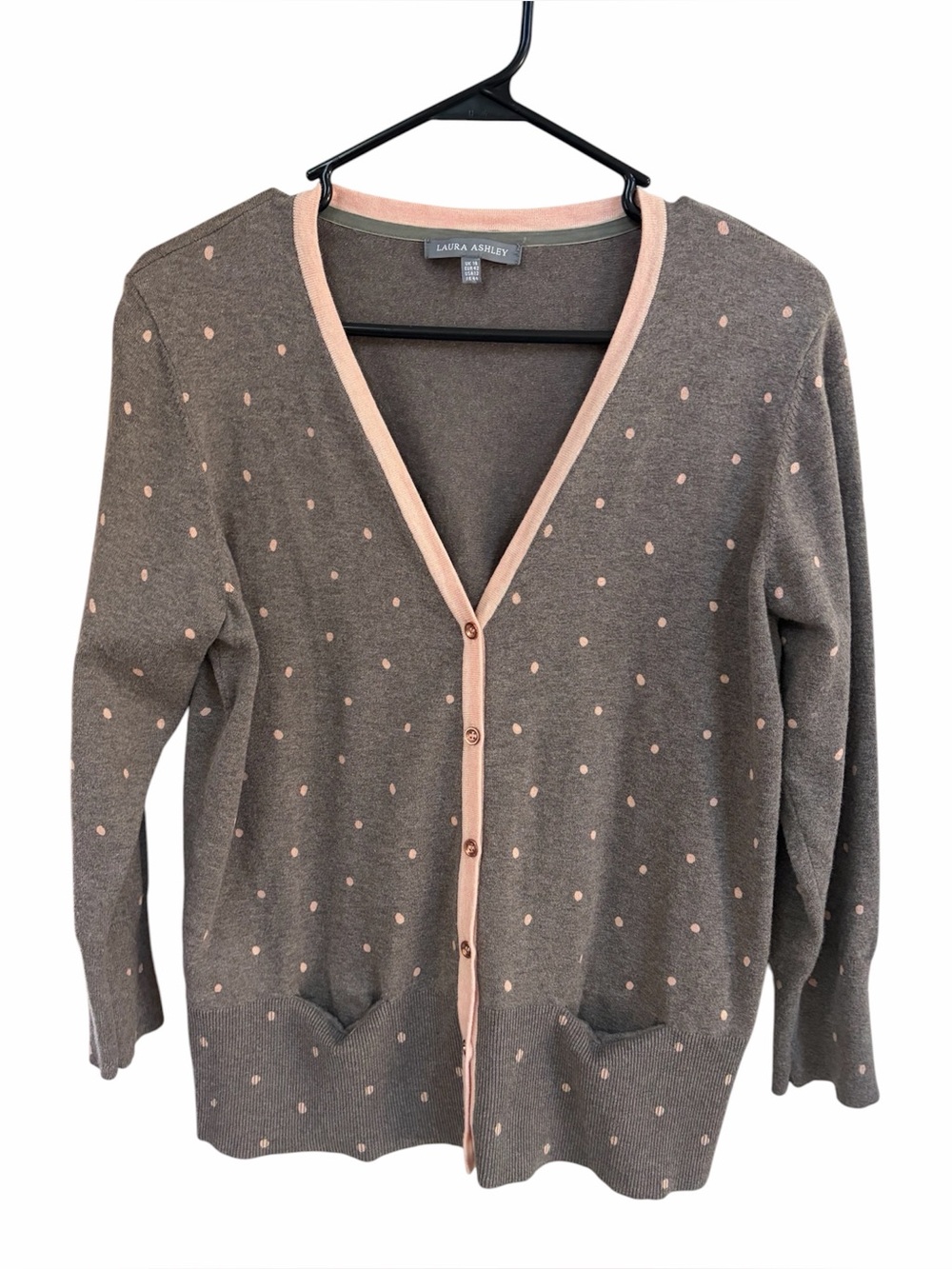 Laura Ashley Gray Cardigan with Pink Trim and Polka Dots